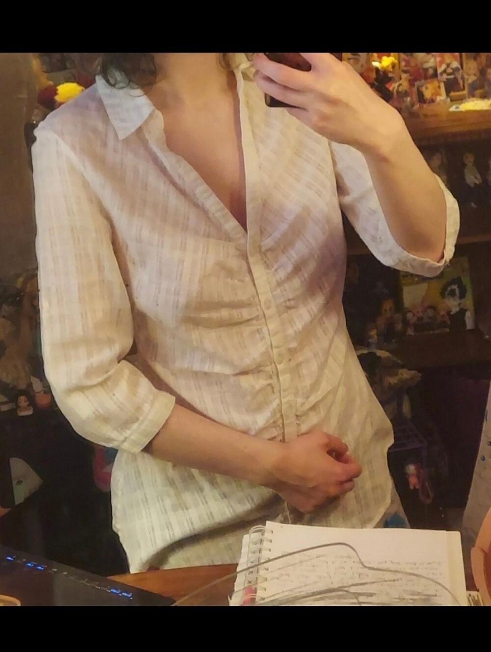 Semi sheer white ruched front mid sleeve v neck button up blouse